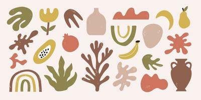 conjunto moderno de formas orgánicas abstractas, objetos, frutas tropicales y algas. ilustración vectorial dibujada a mano contemporánea. diseño matisse vector