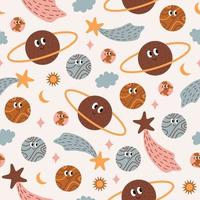 Modern colorful space seamless pattern with smiling planets, stars, sun, moon on pastel background. Cute vector cartoon illustration