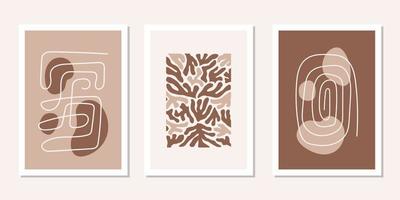 Modern set posters with abstract brown organic shapes and lines. Contemporary minimal wall art decor. Matisse vector prints