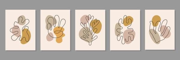 Abstract set of minimal posters with organic geometric and line shapes on beige background. Contemporary botanical vector prints