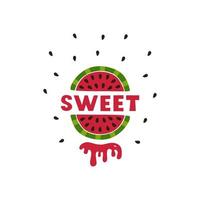 Bright fresh slice watermelon, lettering and splashes isolated on white background. Vector illustration