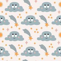 Cute seamless pattern with colorful smiling clouds and stars on pastel background. Modern childish vector cartoon design