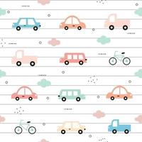 Cute seamless pattern for kids Colorful car model on a cloud background and a patterned notebook Design ideas used for background printing, baby product, gift wrapping, textile, vector images.