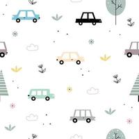 fondo de patrón vintage sin costuras para niños con íconos de automóviles y bicicletas y árboles y flores en una ilustración de vector de estilo lindo utilizada para publicación, papel de regalo, textiles