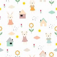 Seamless pattern The background has cute cartoon characters, rabbits and bears and a small house with flowers and a square grid. Design, used for gift wrapping, textile, vector illustration