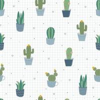 lindo patrón sin costuras dibujado a mano repite el fondo con un cactus en la olla y una cuadrícula detrás de él. diseño vectorial moderno utilizado para envolver regalos, textiles, ilustración vectorial vector