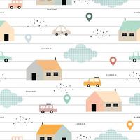 Hand drawn seamless pattern Rural village background with houses and cars and location icons and with notebook lines as wallpapers. Creative texture design for fabrics, textiles, vector illustrations.