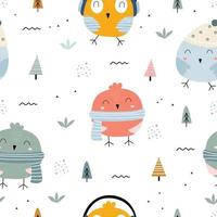 Cute seamless pattern for children. Many of the cartoon background animals of birds wearing scarves and headphones have different characteristics and have trees and small grassy clumps vector images.