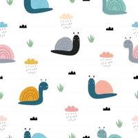 Snail and the clump of grass Seamless pattern, cartoon characters, cute animals Use for publications, textiles, gift wrapping, notebook pattern background Vector illustration design
