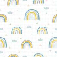 Cute seamless pattern for kid, children Rainbow background, clouds, and stars and with a square grid Scandinavian style Design ideas for textiles, wallpaper, clothing, clothing, vector illustration