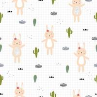 Seamless vector pattern. Colored rabbits with cactus and square grid background. The design is suitable for textiles, children's clothing, publications, wrapping paper