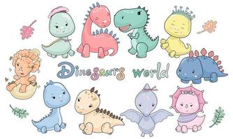mundo de lindos personajes de dinosaurios diseñados en estilo doodle pastel vector