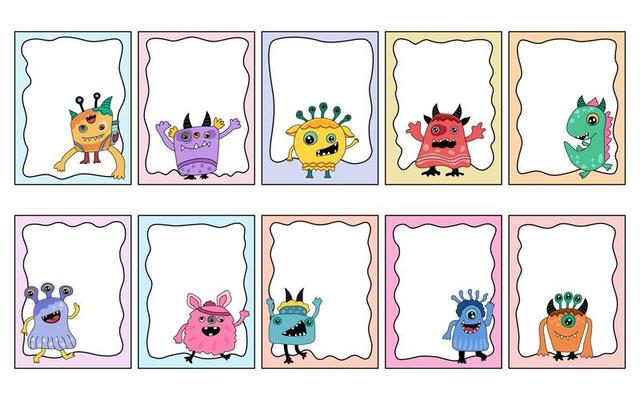 Set of cute monster frames in colorful doodle style