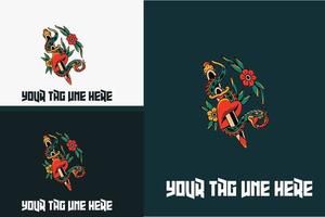 snake wrapped around sword and red flowers vector