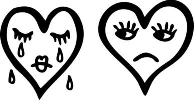 Vector illustration of sketch character heart.  Sad and crying heart emoticon. Two hearts