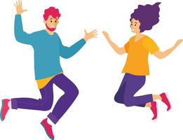 Young joyful laughing people jumping with raised hands. Meeting of friends vector