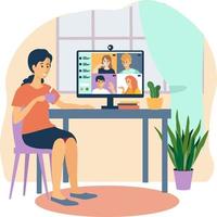 Women talking by video chat. Video conference. Girl on computer screen taking with colleague by videochat vector