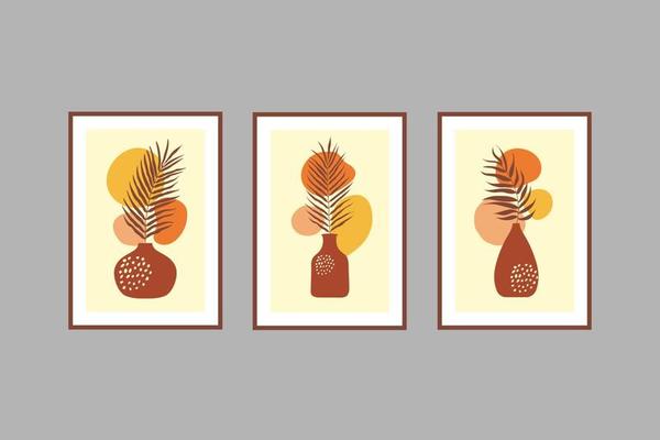 Set of abstract modern contemporary vases and leaves for wall poster collection