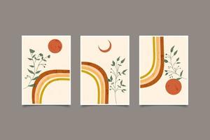 Set of three boho moon and sun rainbow in vintage style vector