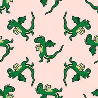 Cute cartoon doodle seamless pattern with green dragon on pink. Monster background. vector