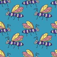 Seamless pattern with cartoon doodle linear midge, fly. Childlike insect background. vector