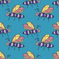 Seamless pattern with cartoon doodle linear midge, fly. Childlike insect background. vector