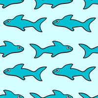Seamless pattern with cartoon doodle happy shark. Ocean background. vector
