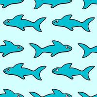 Seamless pattern with cartoon doodle happy shark. Ocean background. vector