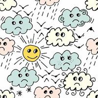 Seamless pattern with sun, cloud, rain, bird on white background. Cartoon weather background. vector