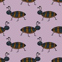 Seamless pattern with cute cartoon doodle linear bug, cockroach isolated on background. vector