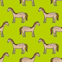 Cute colorful seamless pattern with hand drawn smiling horse with thin line contour isolated on green background. vector