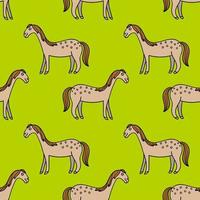 Cute colorful seamless pattern with hand drawn smiling horse with thin line contour isolated on green background. vector