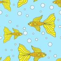 Lindo pez dorado de dibujos animados coloridos en patrón sin costuras estilo doodle. vida oceánica tropical. papel de envolver animales. vector