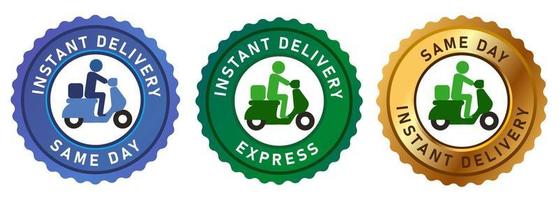 emblem tag label express same day delivery express badgesend with bike motor cycle gold green blue vector set