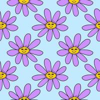 Groovy smiley flower seamless pattern . Positive retro smiling daisy flower print. vector