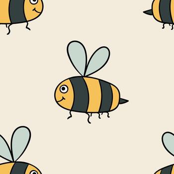 Seamless pattern with cartoon doodle linear bee Wrapping paper, fabric, textile, background. vector