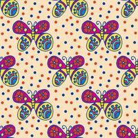 Repeating pattern with hand-drawn colorful butterflies and small circles around in children's style on green. Seamless festive abstract background, infinity wrapping paper. vector