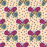 Repeating pattern with hand-drawn colorful butterflies and small circles around in children's style on green. Seamless festive abstract background, infinity wrapping paper. vector