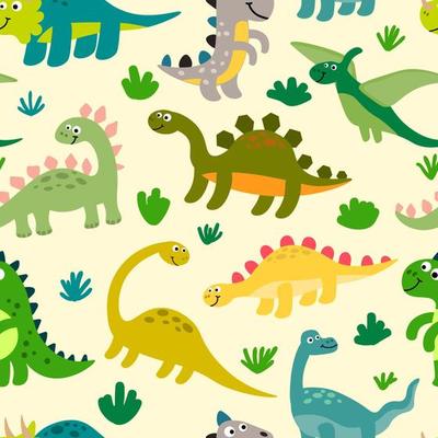 Cute dinosaurs seamless pattern in flat childlike style. Prehistoric world background.