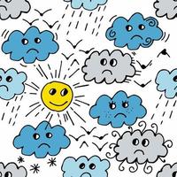 Seamless pattern with sun, cloud, rain, bird on white background. Cartoon weather background. vector