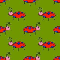 Seamless pattern with cartoon doodle linear ladybug, bug. Insect background. vector