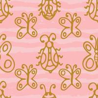 Seamless pattern with hand drawn gold thin line butterflies, bugs on pink grunge horizontal geometrical stripes. Cute summer abstract background. Infinity geometric pattern. vector