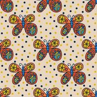 Repeating pattern with hand-drawn colorful butterflies and small circles around in children's style on green. Seamless festive abstract background, infinity wrapping paper. vector