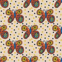 Repeating pattern with hand-drawn colorful butterflies and small circles around in children's style on green. Seamless festive abstract background, infinity wrapping paper. vector