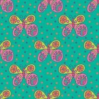 Repeating pattern with hand-drawn colorful butterflies and small circles around in children's style on green. Seamless festive abstract background, infinity wrapping paper. vector
