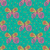 Repeating pattern with hand-drawn colorful butterflies and small circles around in children's style on green. Seamless festive abstract background, infinity wrapping paper. vector