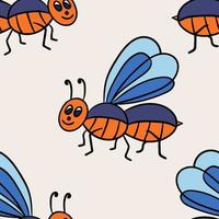 Seamless pattern with cartoon doodle linear midge, fly. Childlike insect background. vector