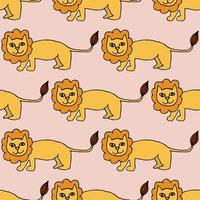 Cartoon doodle linear lion seamless pattern. Wild cat background. vector