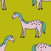 Cute colorful seamless pattern with hand drawn smiling horse with thin line contour isolated on green background. vector