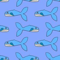 Seamless pattern with cartoon doodle happy whale. Ocean background. vector